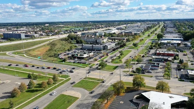Stephenson Hwy. at 14 Mile Rd. looking south from Troy into the city of Madison Heights. Downtown Detroit on the horizon.