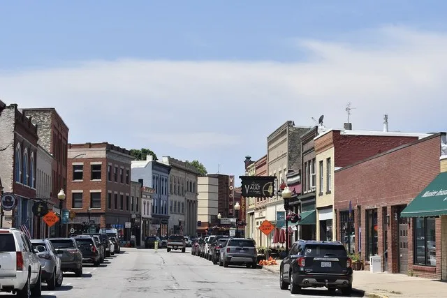 Downtown Manistee, Michigan along River Street in July 2026.