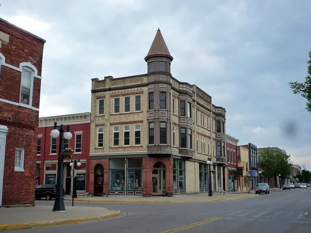 Historical Waterfront Downtown, on the National Register of Historic Places as " First Street Historic District ", Menominee, Michigan , USA.