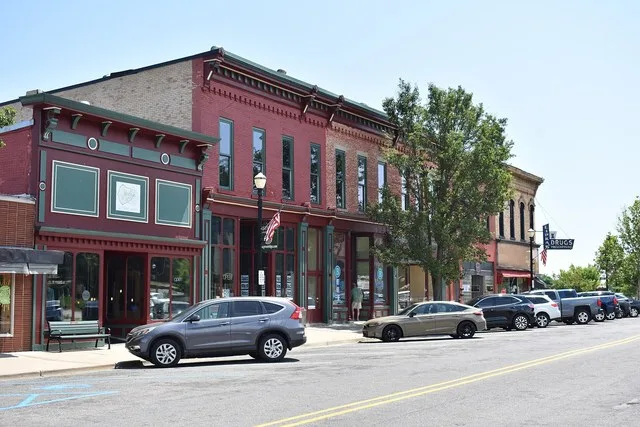 Buildings in Montague, Michigan along Ferry Street in July 2026.