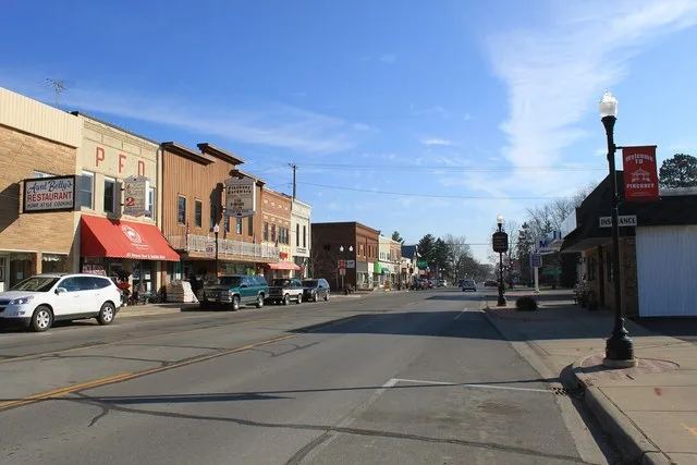 Downtown Pinckney Michigan, Main Street facing east, just west of intersection of South Howell Street.