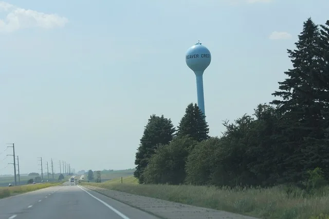 The water tower for Beaver Creek, Minnesota from Interstate 90.