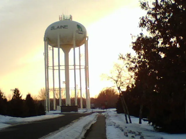A water tower in Blaine , USA just before a winter sunset. The city pumps its drinking water from wells, and stores them into towers like this one, which is located in the Blaine...