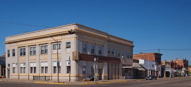 Canby Commercial Historic District, Canby, Minnesota, USA. Viewed from the south-southwest at the corner of U.S. Route 75 and 1st St E.