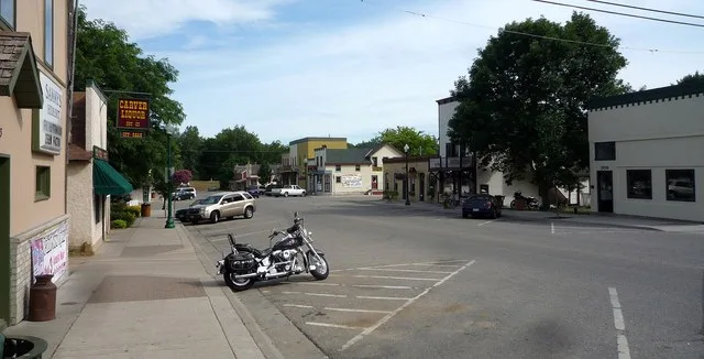 Broadway, the main street through the Carver Historic District on the NRHP, Carver, Minnesota , USA.