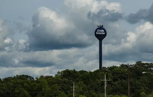The water tower for the City of Cold Spring, Minnesota, as seen from 3rd Street & 3rd Avenue South in Cold Spring, Minnesota.