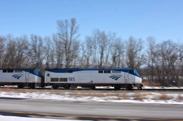 Amtrak train 8, the Empire Builder , in Minnesota City, Minnesota in January 2012