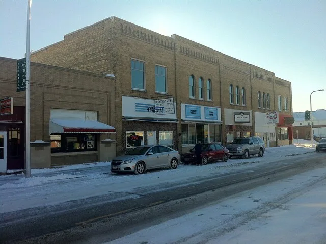 Commercial business along Mill Street Fertile, Minnesota, USA 2013