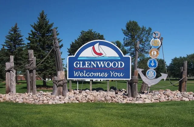 Welcome sign, Glenwood, Minnesota, USA. Viewed from the south.