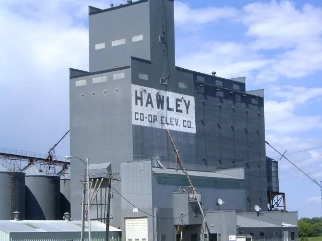 The grain elevator in the town of Hawley, Minnesota .