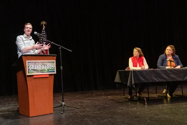 State Senator Grant Hauschild (DFL-Hermantown) introduces Congresswoman Angie Craig at a Town Hall at the Reif Center in Grand Rapids on April 21, 2025