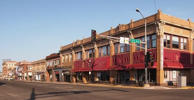 East Howard Street Commercial Historic District from 3rd Avenue looking southeast, Hibbing, Minnesota, USA. Individually listed contributing property the Androy Hotel is visible o...