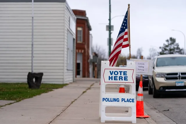 Vote Here sign outside Keewatin Community Center in Keewatin, Minnesota on Election Day, Nov. 5, 2024.