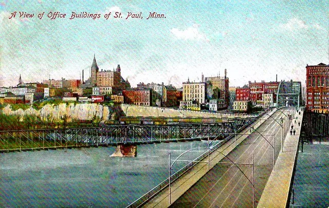 Old Saint Paul Minnesota Postcard - A View Of Office Buildings Along The Mississippi River, Published By Kennedy, McLeod & McArthur Company, Made In Germany, Postmarked 1908