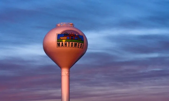 The Mahtomedi water tower at sunset in Mahtomedi, Minnesota.