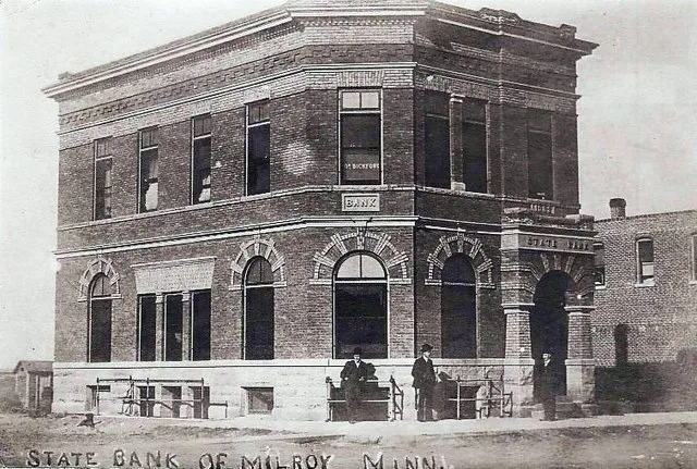 Milroy State Bank that has been placed on the National Register of Historic Places. This photo is dated 1909 with author unknown.