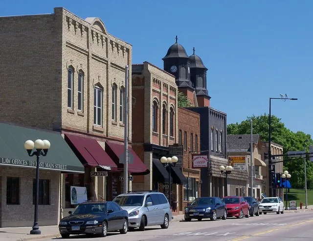 Street in downtown New Prague, Minnesota, USA.