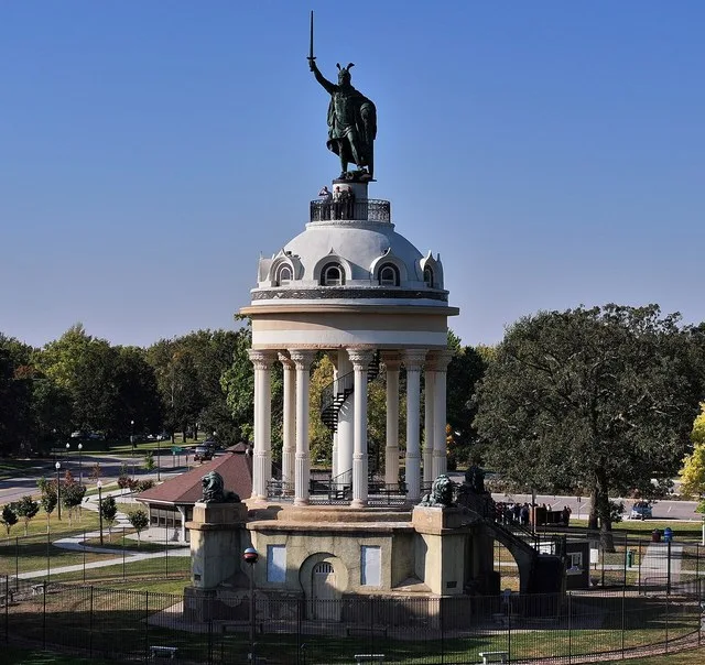 A monument in New Ulm, Minnesota, with a statue of Arminius, who defeated the Romans at the Battle of the Teutoburg Forest in A.D. 9.
