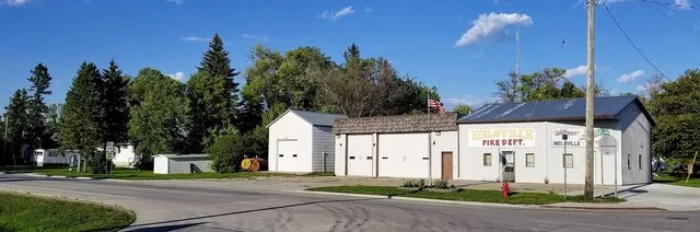 View of buildings along U.S. Route 75 in Nielsville, Minnesota, including the Nielsville Fire Department.
