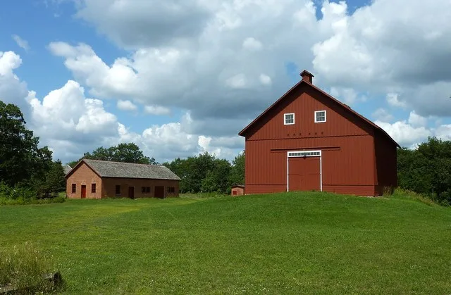 View of James J. Hill's North Oaks Farm, including the barn-shaped granary and Blacksmith Shop and Machine Shop , North Oaks, Minnesota , USA.