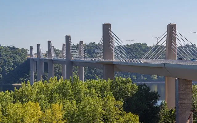 The St. Croix Crossing bridge connecting Oak Park Heights, Minnesota, and St. Joseph, Wisconsin, over the Saint Croix River.