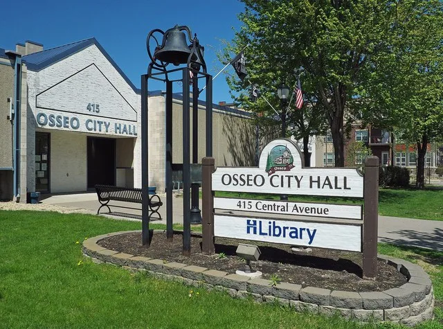 Osseo City Hall & Library, 415 Central Ave, Osseo, Minnesota, USA. Viewed from the southeast.