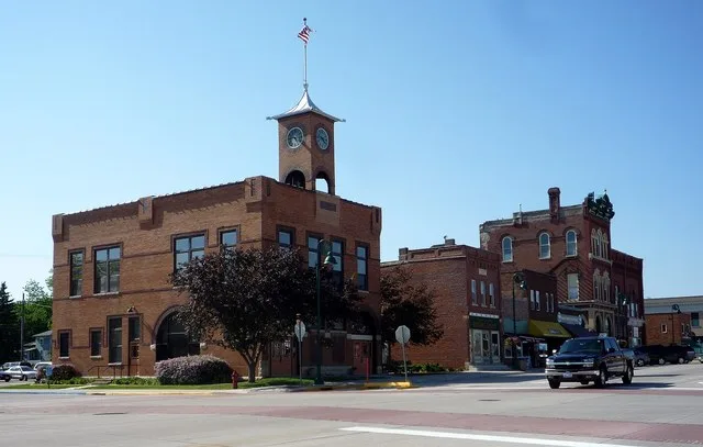 Downtown Pine Island, Minnesota , USA. City Hall is at the left.