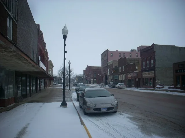 A view of Main St in Pipestone, Minnesota, part of the Pipestone Commercial Historic District, listed on the national register of historic places.