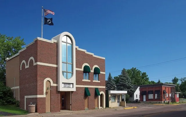 Rockford City Hall Main Street near its intersection with Bridge Street, Rockford, Minnesota, USA. View looking north with Rockford City Hall on left.
