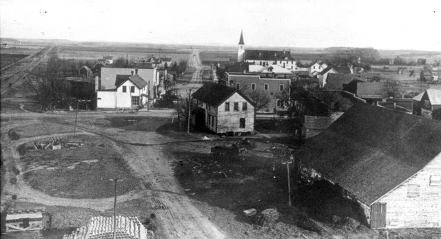 Street view of Roscoe, Stearns County, MN from 1919. Scan of old photograph.