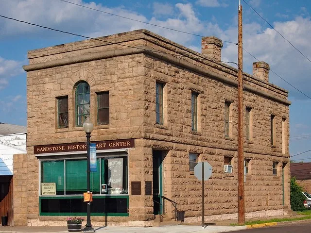 Minneapolis Trust Company Commercial Building (now the Sandstone History and Art Center): Main and 4th Sts., Sandstone, Minnesota, USA. Isometric view from due west, corrected for...