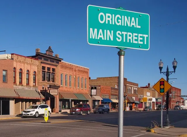 Original Main Street Historic District, Sauk Centre, Minnesota, USA. View northwest from southeast corner of Main & 4th St S. This is an image of a place or building that is liste...