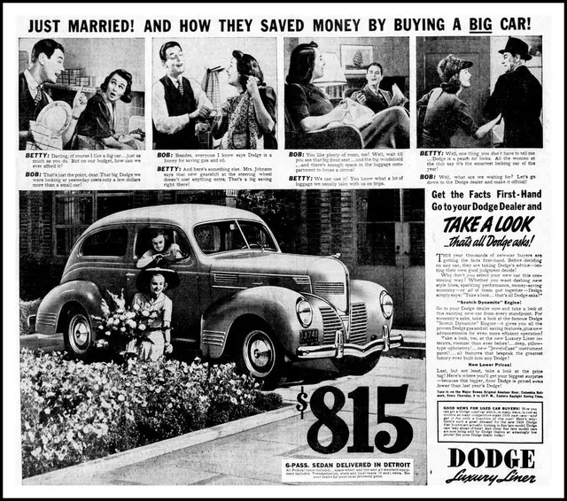 Vintage Advertising For The 1939 Dodge Sedan Automobile In The Minneapolis Minnesota Star Tribune Newspaper, May 7, 1939