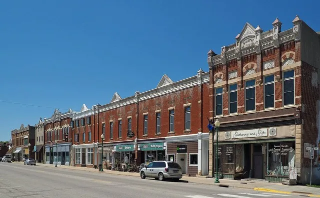 Whitewater Avenue Commercial Historic District, St Charles, Minnesota, USA. Viewed from the northeast corner of Whitewater and 9th St. This is an image of a place or building that...
