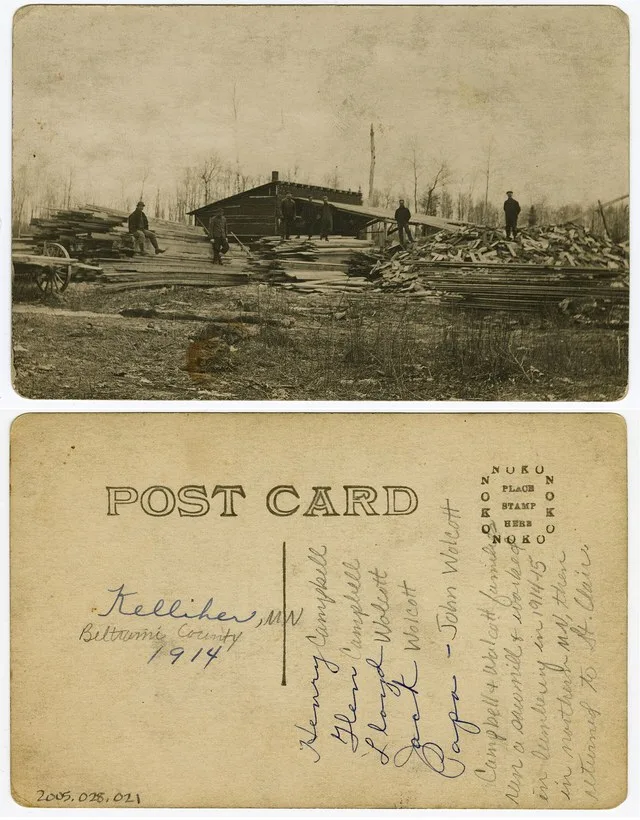Lumbering camp or sawmill in Kelliher, Minnesota, Beltrami County, with Henry Campbell, Glen Campbell, Jack Wolcott, Lloyd Wolcott and John Wolcott.