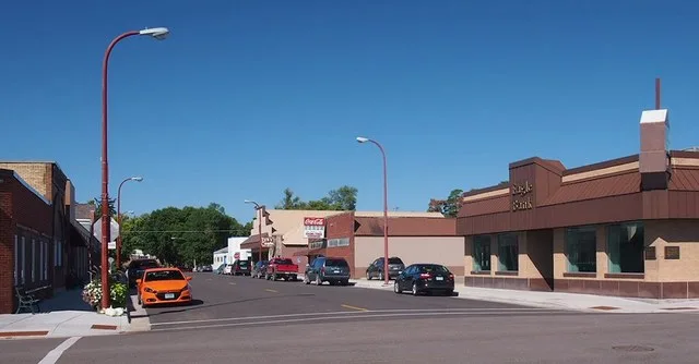 Looking west down West 5th St from Minnesota State Highway 29, Starbuck, Minnesota, USA.
