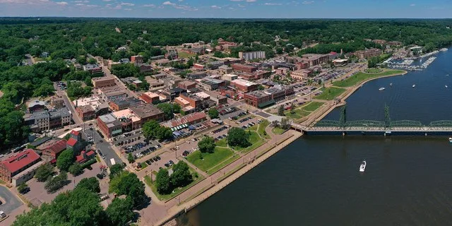 An aerial view of the historic downtown area of Stillwater, Minnesota, as viewed from over the St. Croix River.