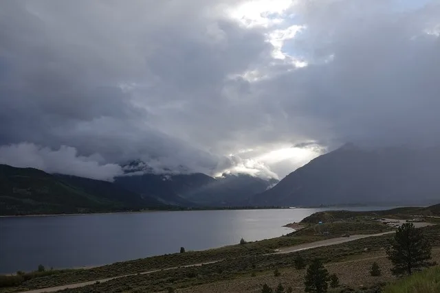 Twin Lakes Reservoir, Colorado, USA in Foggy and cloudy day