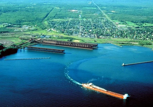 Aerial view of Two Harbors, Minnesota, on the north shore of Lake Superior. Taken sometime before March, 2007 and appears to be from the 1990s or early 2000s. As depicted in the p...