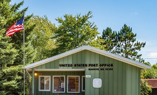 The US Post Office at 140 N. Main Street in Wahkon, Minnesota.