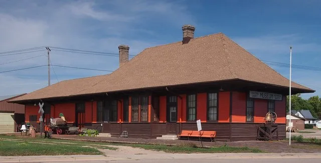 Chicago, Milwaukee and St. Paul Depot, Wheaton, Minnesota, USA. Now houses the Traverse County Historical Society Museum. Viewed from the south.