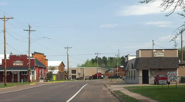 View north up County Highway 61 toward Main Street, Willow River, Minnesota, USA.