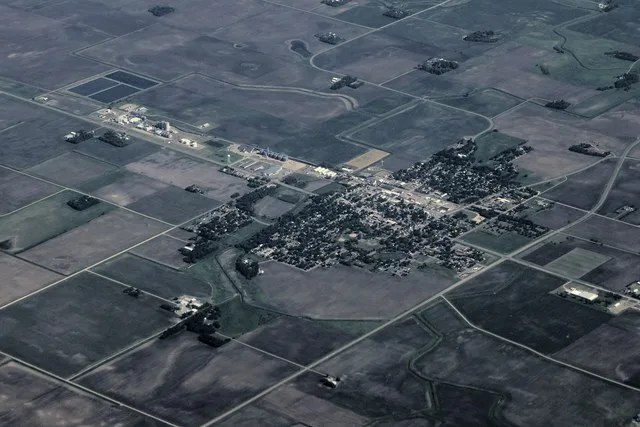 An aerial view of Winthrop, a town in Sibley County, Minnesota.