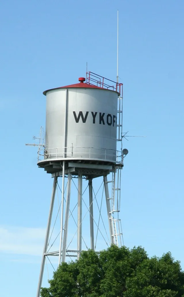 The public water tower in Wykoff, Minnesota seen from downtown on Gold Street