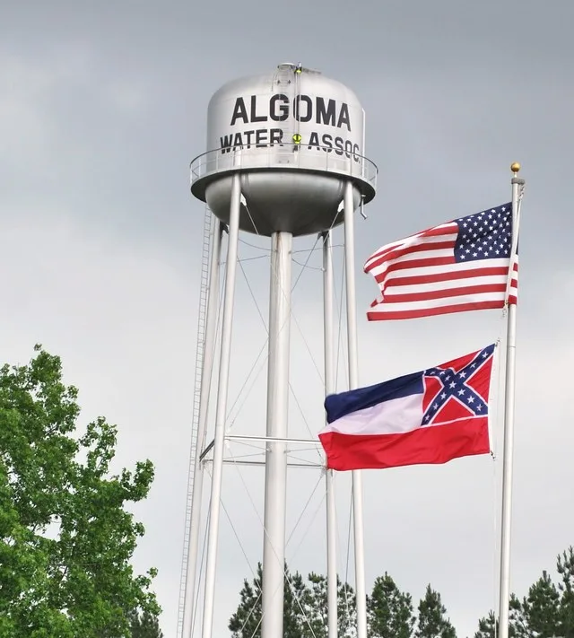 Photo by Michael Jones. The Algoma water tower in Pontotoc County, Mississippi. This photo may be used freely. Please credit the author.