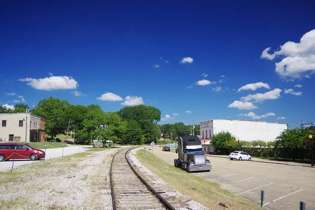 Railroad tracks and business district of Blue Mountain, Mississippi, United States.
