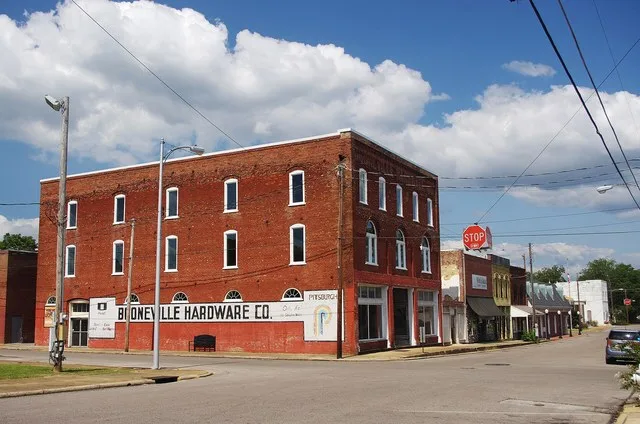Booneville Hardware Company store along Main Street in Booneville, Mississippi, United States. This building is listed on the National Register of Historic Places as a contributin...
