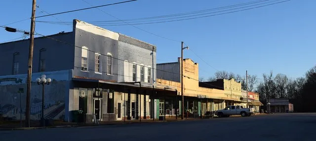 Buildings along Front Street in downtown Coffeeville, Mississippi