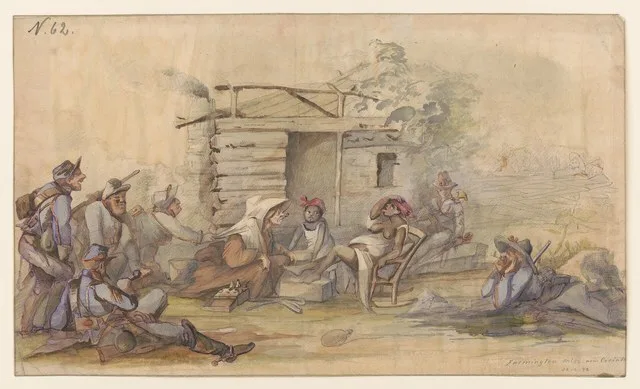 Title: The U.S. Calvary taking a lesson in surgery - Farmington, Mississippi, April 22, 1862 Abstract/medium: 1 drawing : watercolor ; sheet 27 x 46 cm.