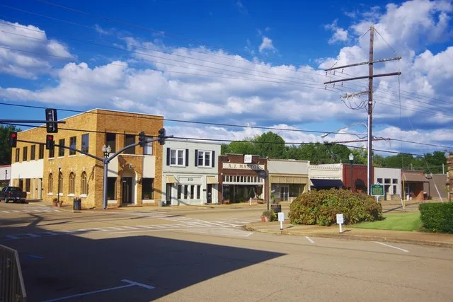 Buildings along Main Street on the courthouse square in Fulton, Mississippi, United States.